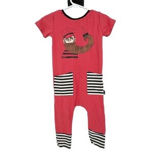 Rags to Riches Red Captain Stripe Pockets Short Sleeve Romper 12-18 Months